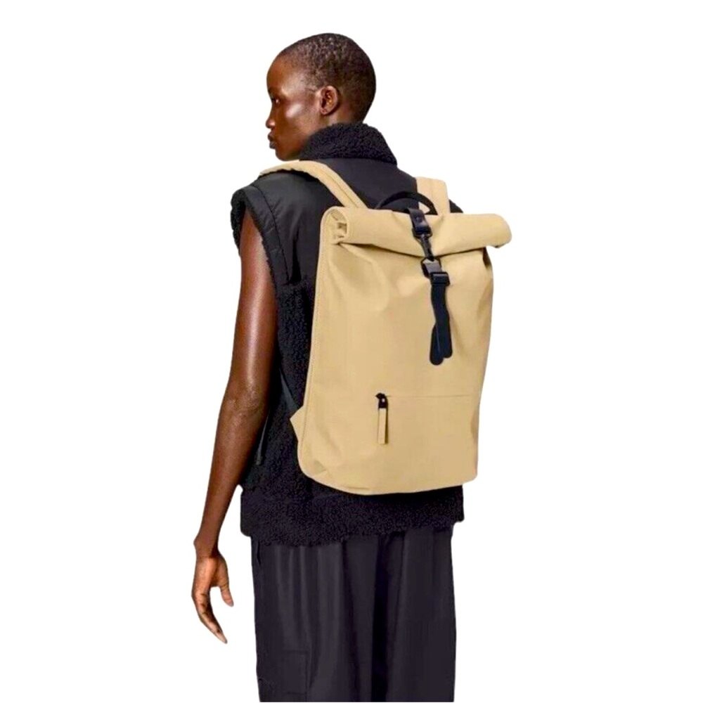 NWT RAINS Rolltop Rucksack Backpack Waterproof Travel Tan Outdoor Chest Strap